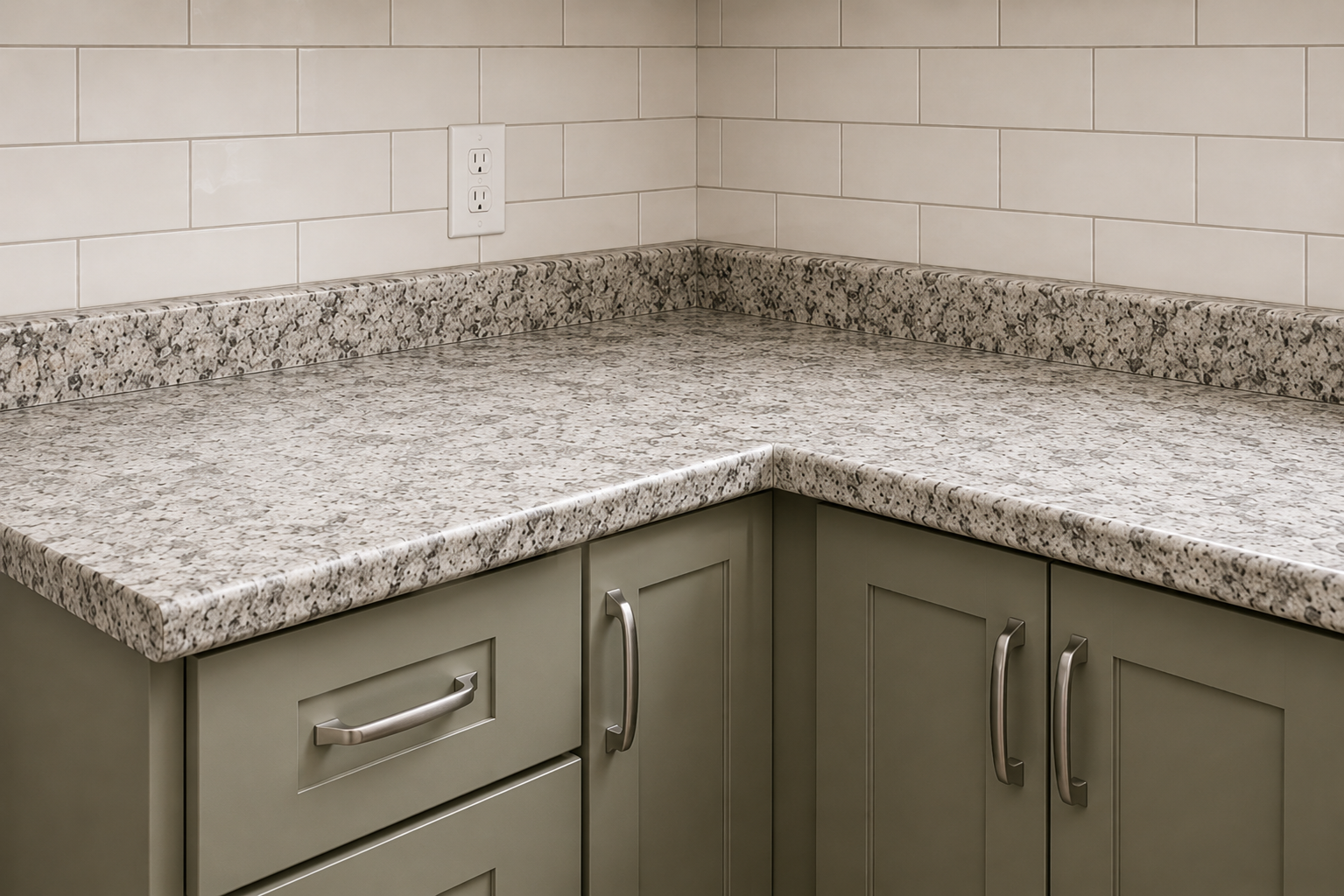 Postform laminate countertop with integrated backsplash on sage green cabinets